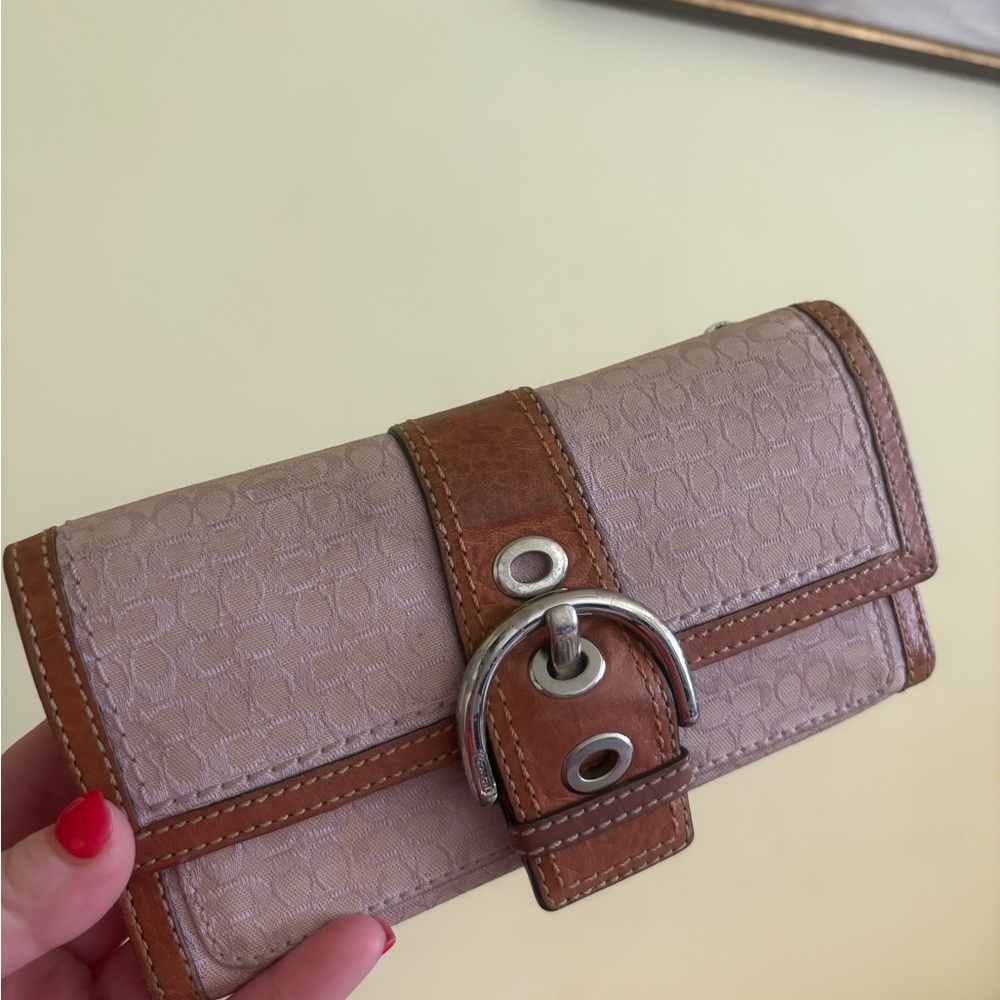 Coach Tan and Brown Wallet with Silver Buckle